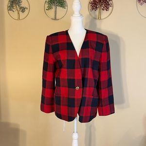 Megan Barrett Petites Red Plaid Single Button Blazer Shoulder Pads 12 Petite.